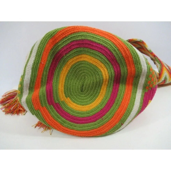 Wayúu Mochila Bag Purse Floral Woven Orange Pink Bucket Shoulder Straps Colombia - Picture 7 of 9